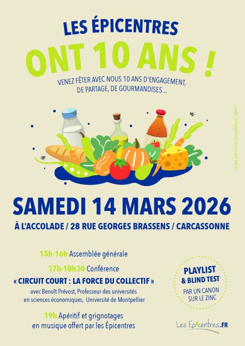 SAMEDI 14 MARS 2026 À L’ACCOLADE / 28 RUE GEORGES BRASSENS / CARCASSONNE 17h-18h30 Conférence « CIRCUIT COURT : LA FORCE DU COLLECTIF » avec Benoît Prévost, Professeur des universités en sciences économiques, Université de Montpellier
